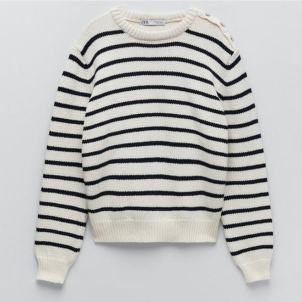 Zara Blue & Ivory Chunky Knit iCrew Neck Nautical Stripe Heavyweight Sweater Med